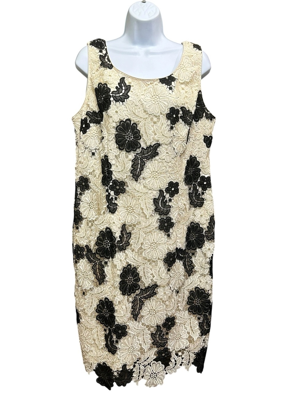 Jacques Verts Off White Black Lacy Lined Floral Zip Back Sleeveless Dress Sz 14
